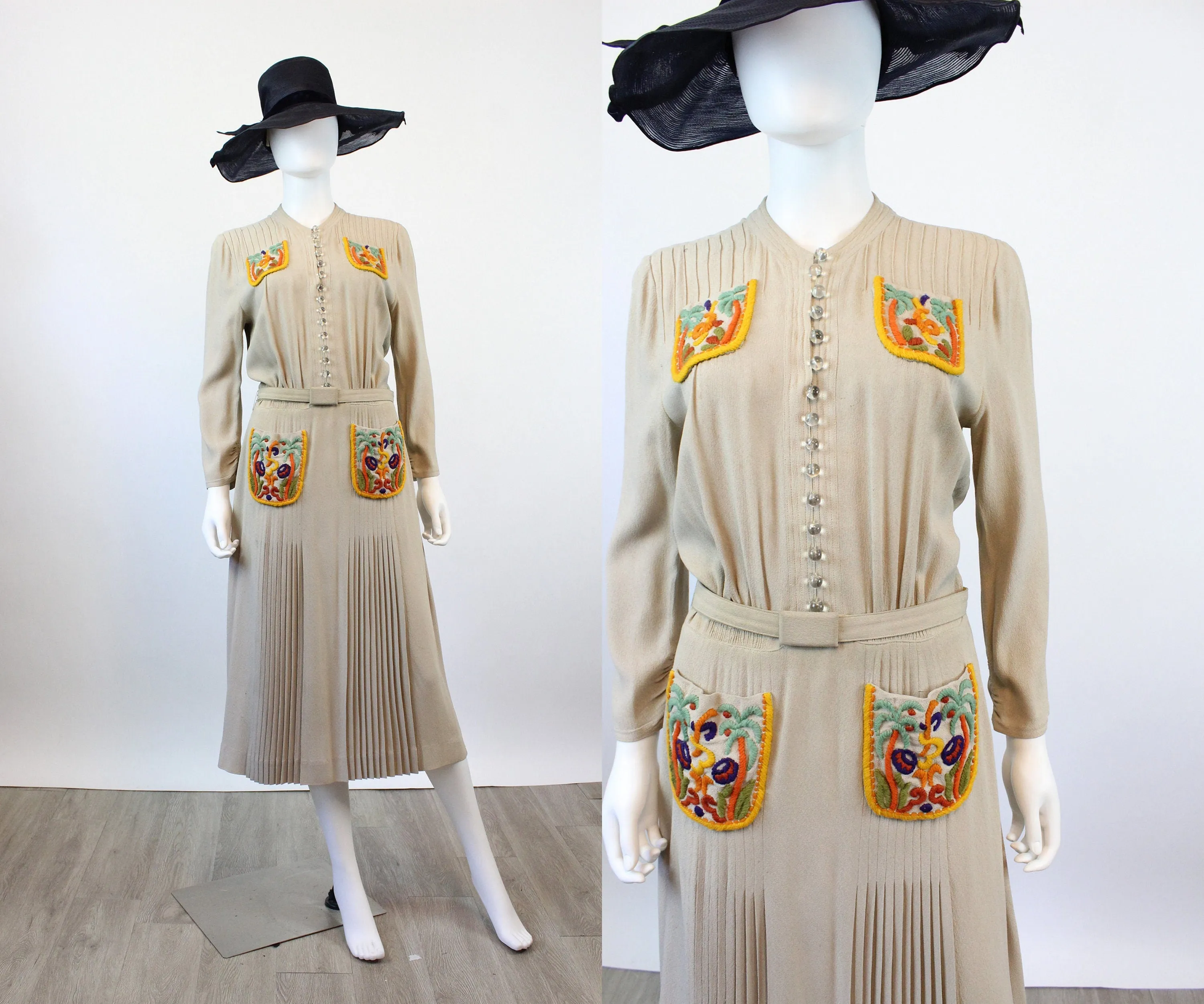 1930s 1940s FOGA embroidered POCKETS rayon dress medium  | new winter