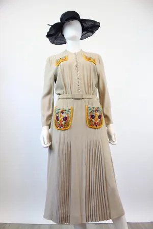 1930s 1940s FOGA embroidered POCKETS rayon dress medium  | new winter