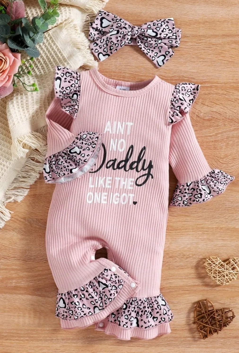 2Pcs Baby Girl Leopard Daddy Romper with Headband