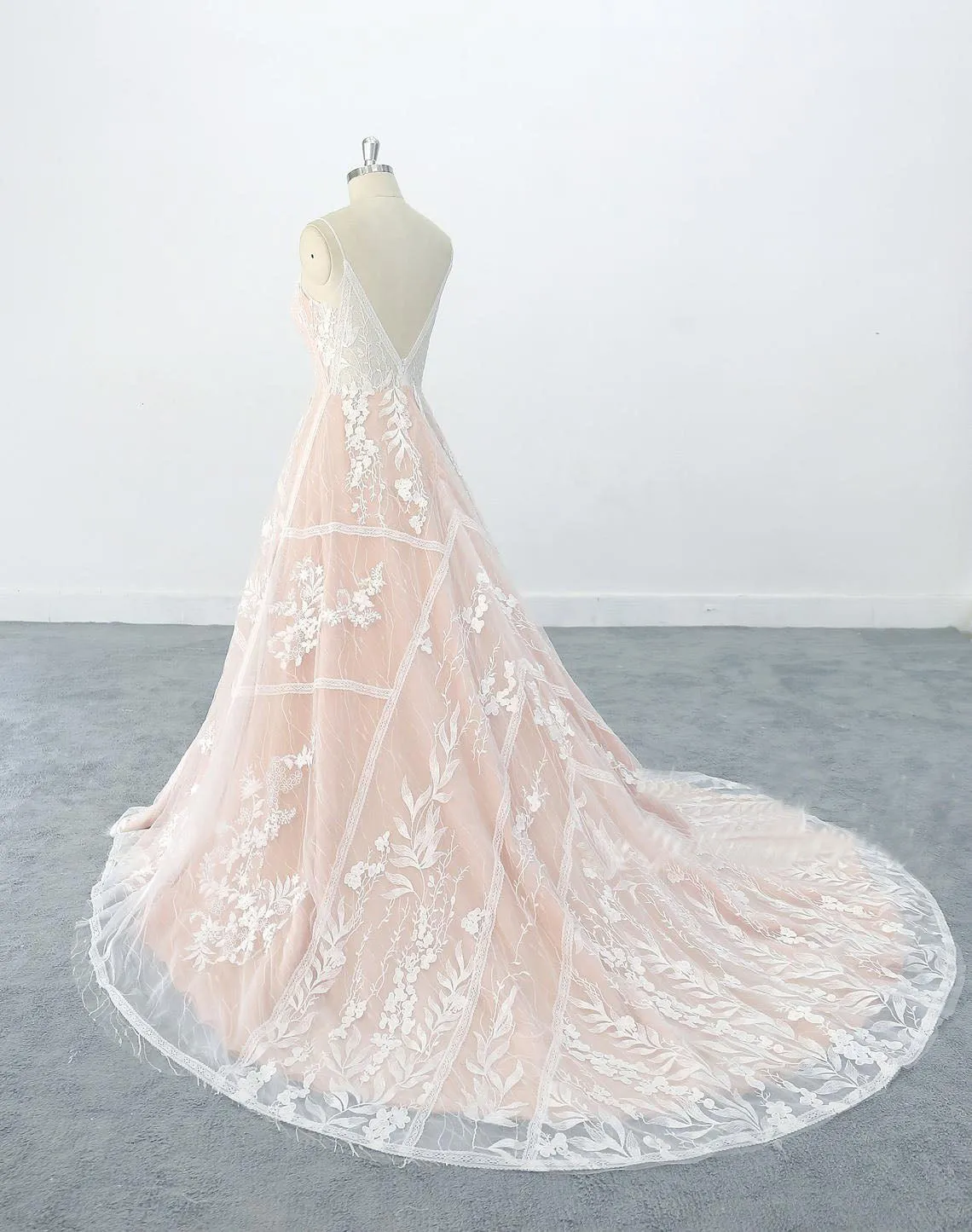 A-line Style V Neckline Nude Orange Lining Wedding Dress with Flora Lace Skirt OKU72