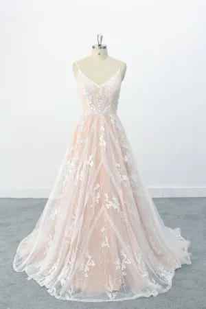 A-line Style V Neckline Nude Orange Lining Wedding Dress with Flora Lace Skirt OKU72