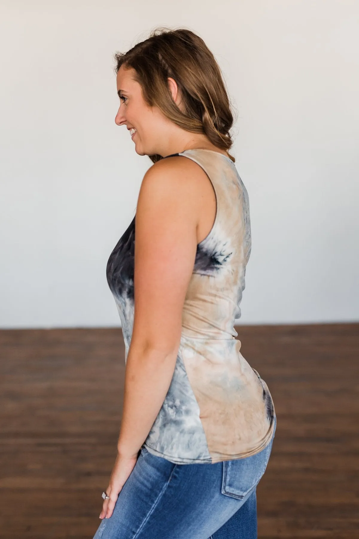 Admit My Love Tie Dye Tank Top- Charcoal, Tan, & Deep Navy
