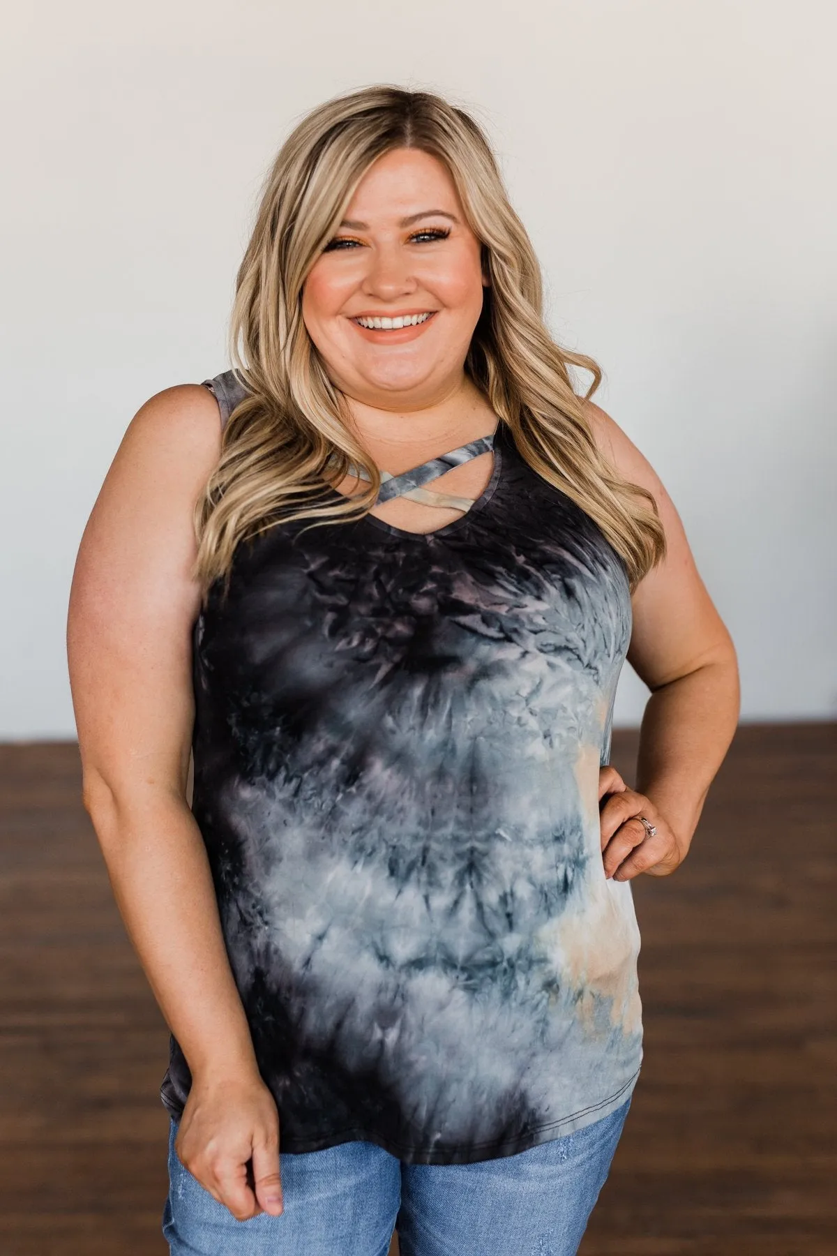 Admit My Love Tie Dye Tank Top- Charcoal, Tan, & Deep Navy