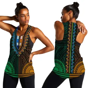 African Dashiki and Polynesian Pattern Women Racerback Tank Half Green-Gold LT9