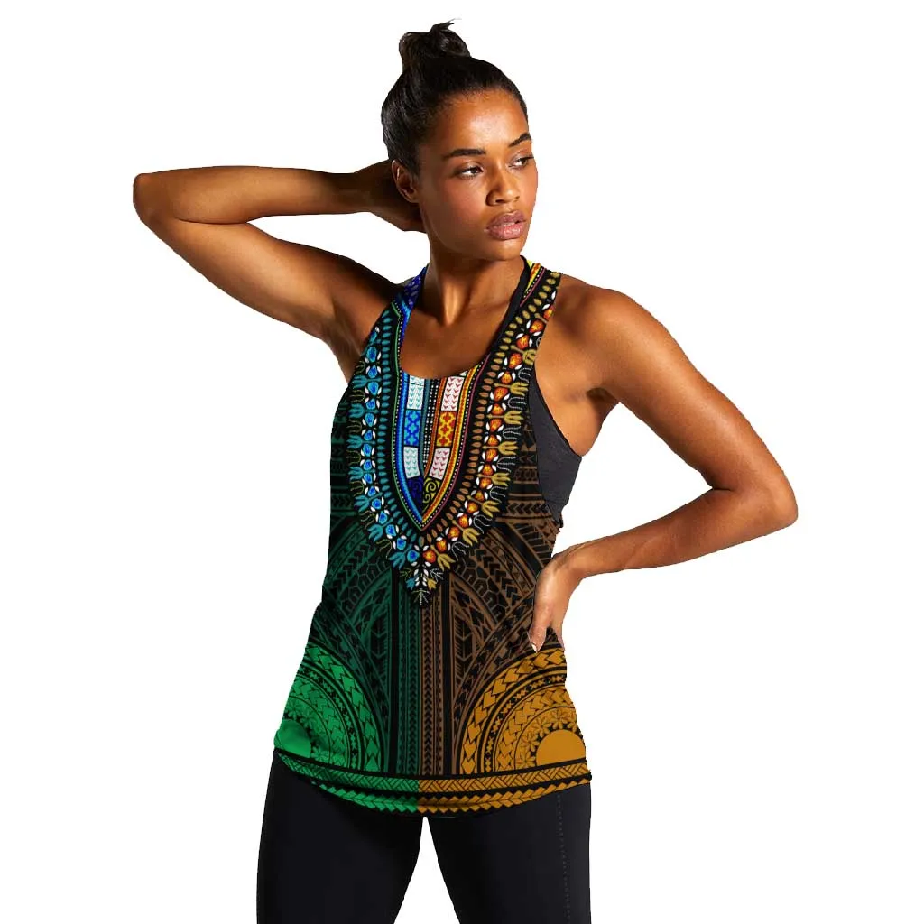 African Dashiki and Polynesian Pattern Women Racerback Tank Half Green-Gold LT9