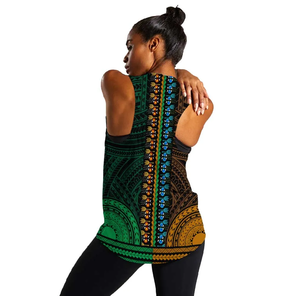 African Dashiki and Polynesian Pattern Women Racerback Tank Half Green-Gold LT9