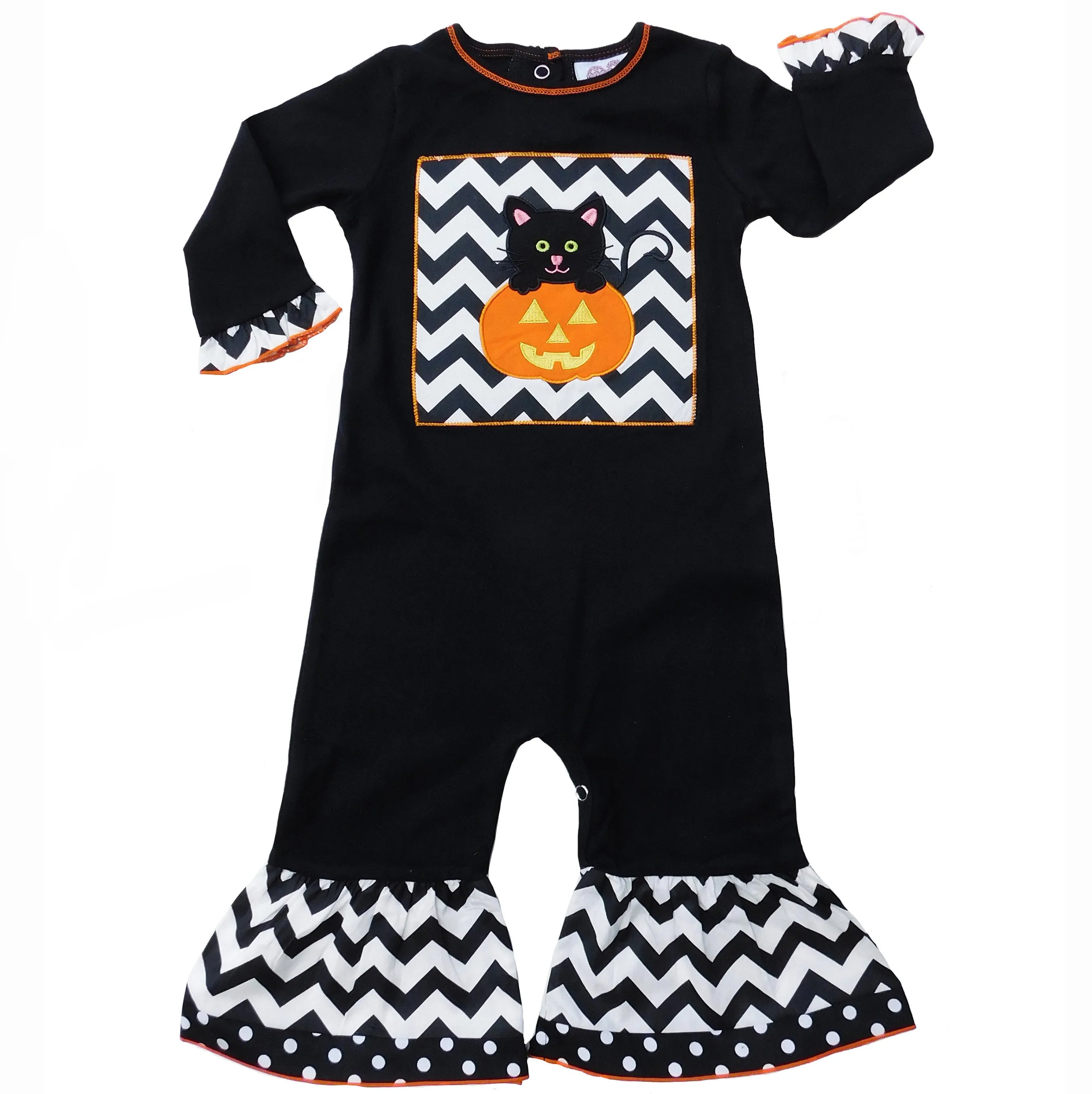 AnnLoren Baby Girls Black & White Halloween Kitten Pumpkin Holiday Romper