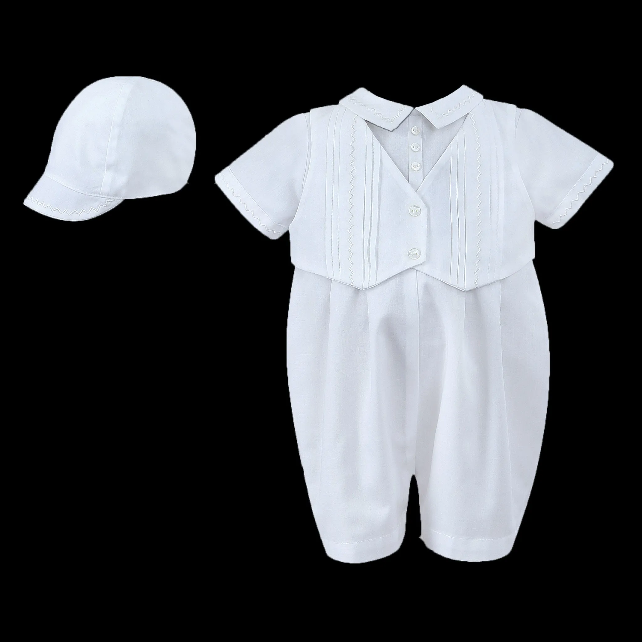Baby Boy Christening Romper with Hat - White - Sarah Louise 002210