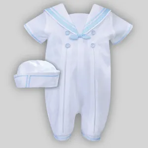 Baby Boy Christening Sailor Romper and Hat / White Blue - Sarah Louise C6002