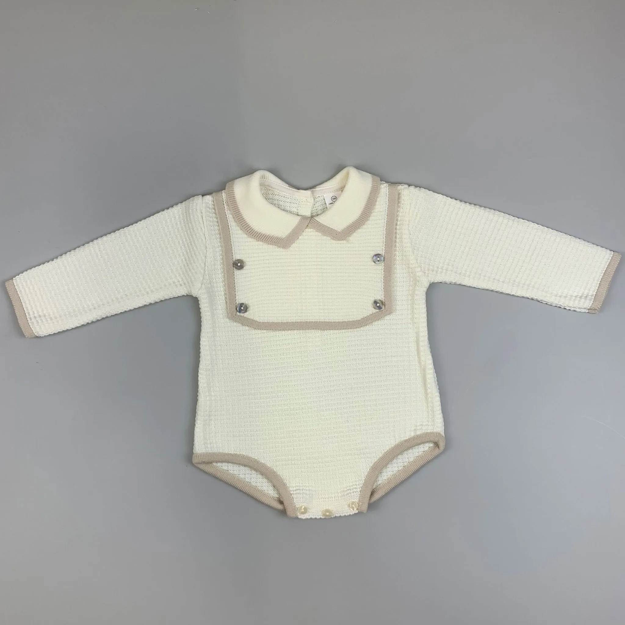Baby Boy Knitted Romper - Long Sleeves - Cream