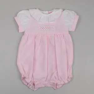 Baby Girls Pink Romper with Smocking and Ruff Neck