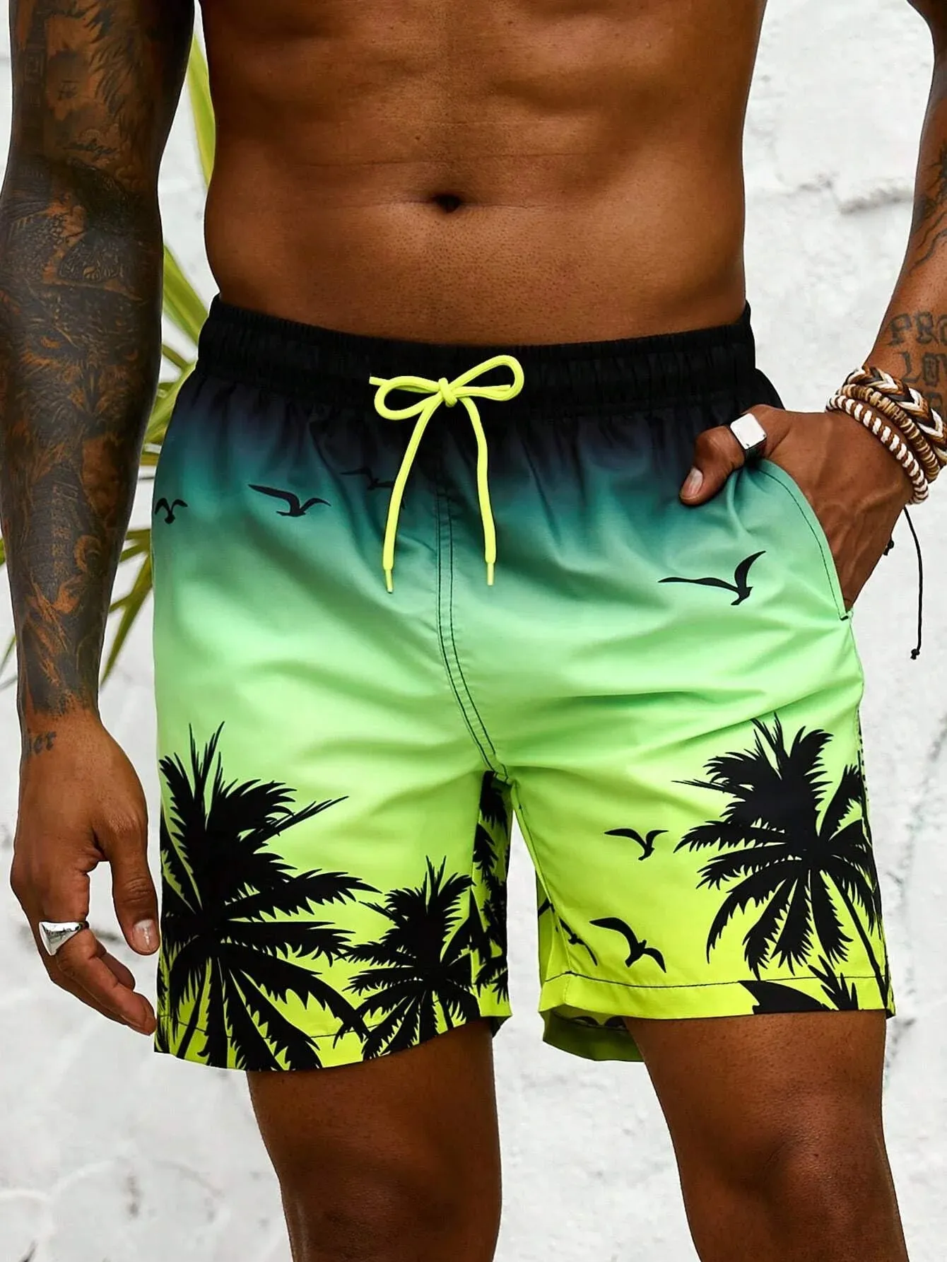 Bajan | Men's Palm Print Drawstring Board Shorts - Lightweight Swimwear & Street Style