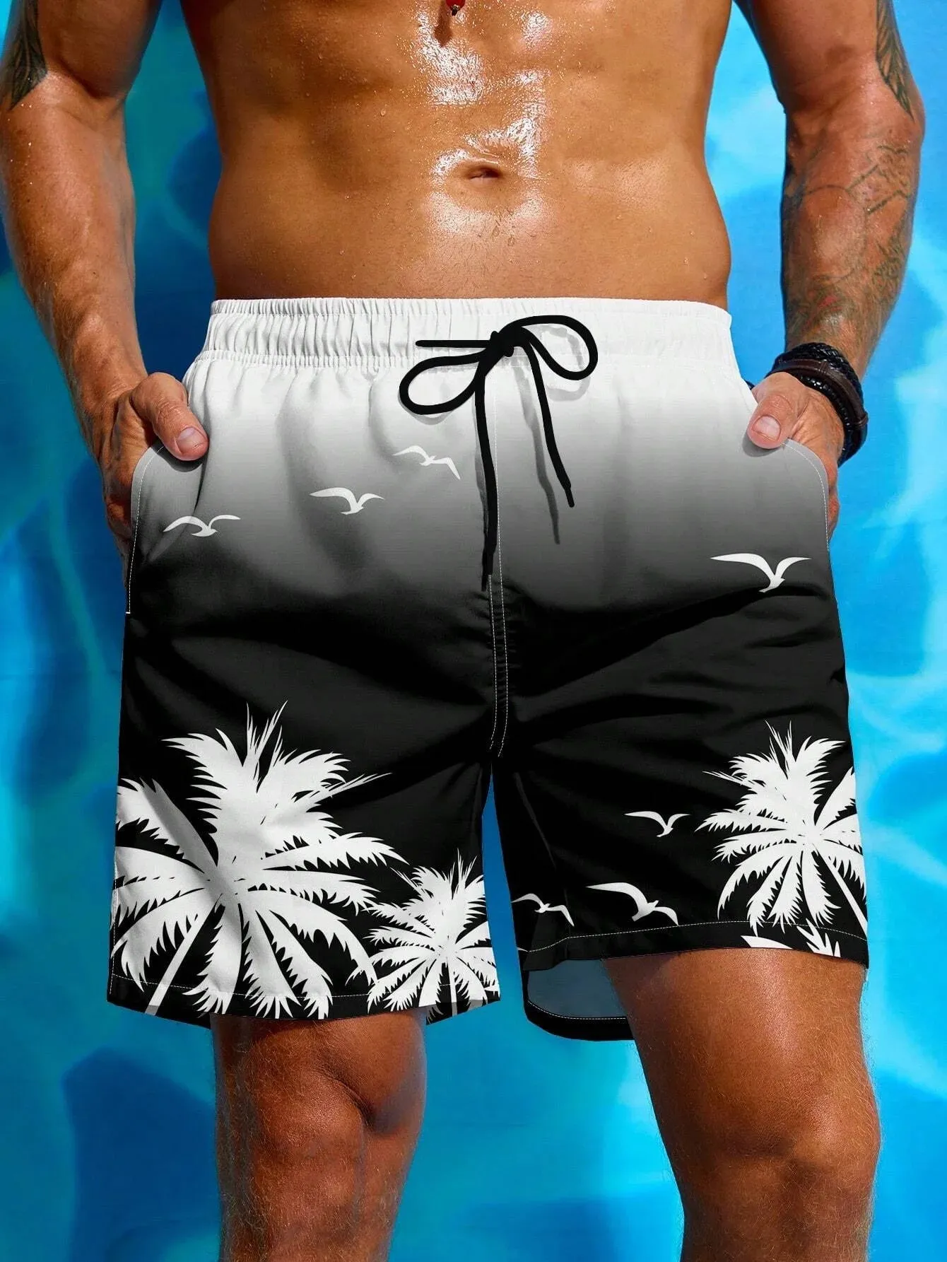 Bajan | Men's Palm Print Drawstring Board Shorts - Lightweight Swimwear & Street Style