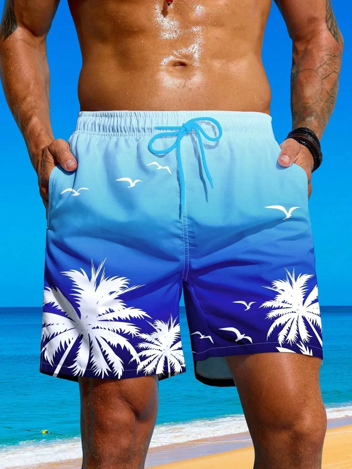 Bajan | Men's Palm Print Drawstring Board Shorts - Lightweight Swimwear & Street Style