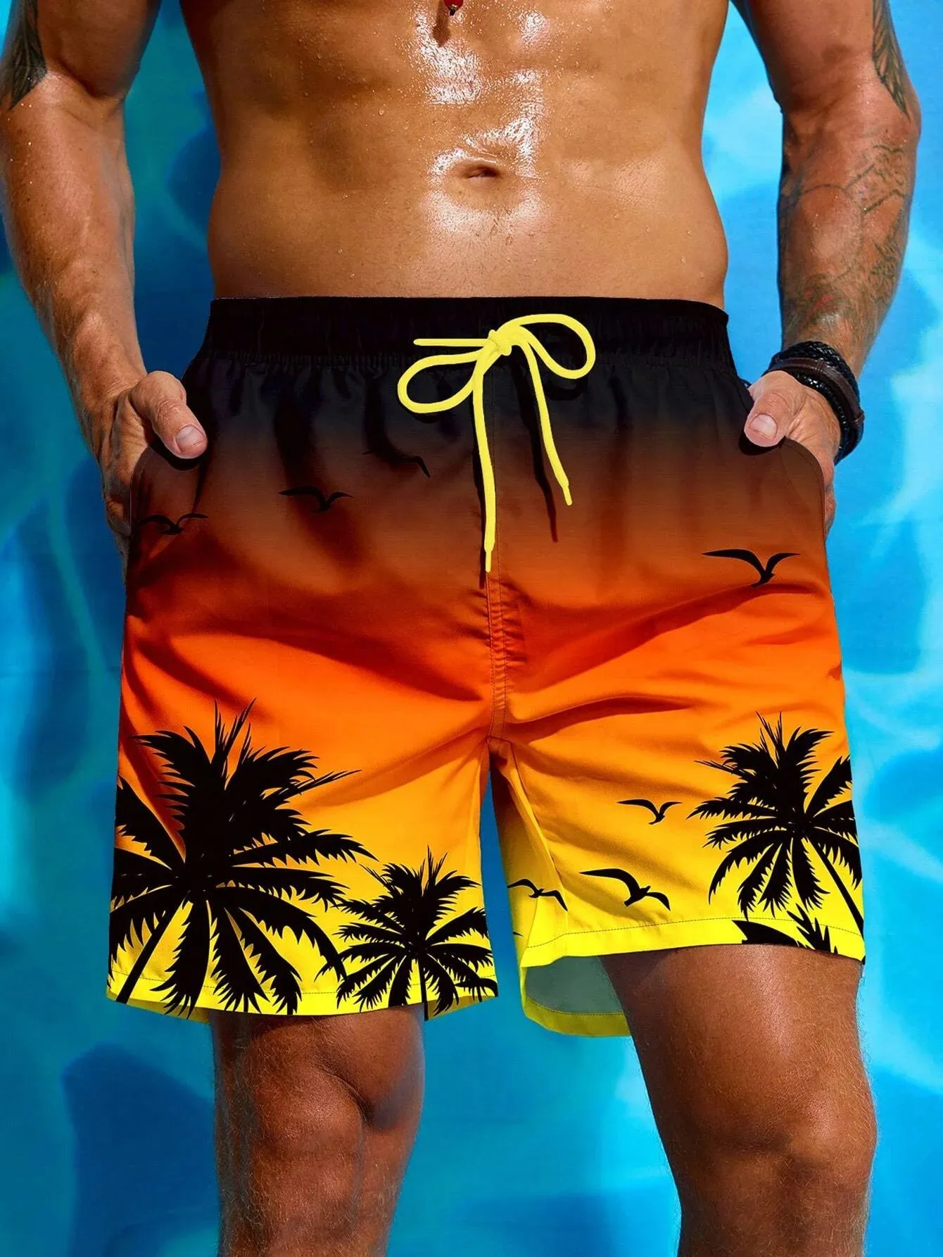 Bajan | Men's Palm Print Drawstring Board Shorts - Lightweight Swimwear & Street Style