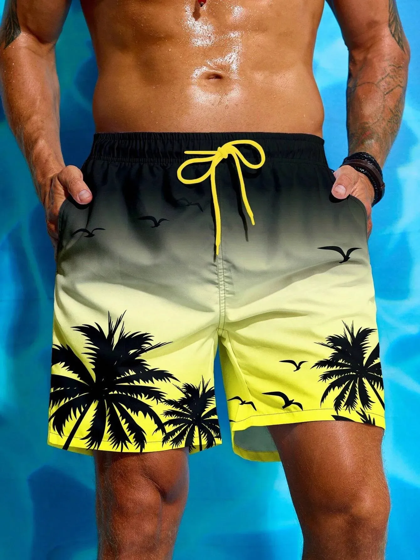 Bajan | Men's Palm Print Drawstring Board Shorts - Lightweight Swimwear & Street Style