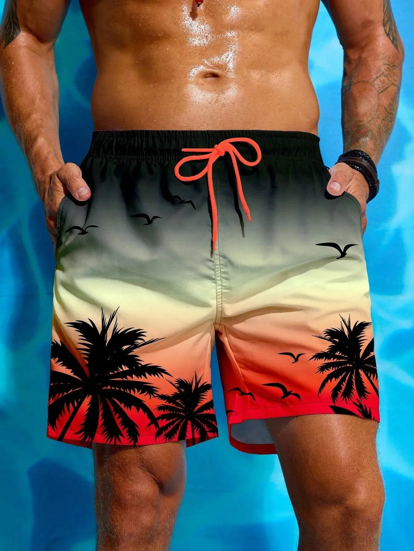 Bajan | Men's Palm Print Drawstring Board Shorts - Lightweight Swimwear & Street Style