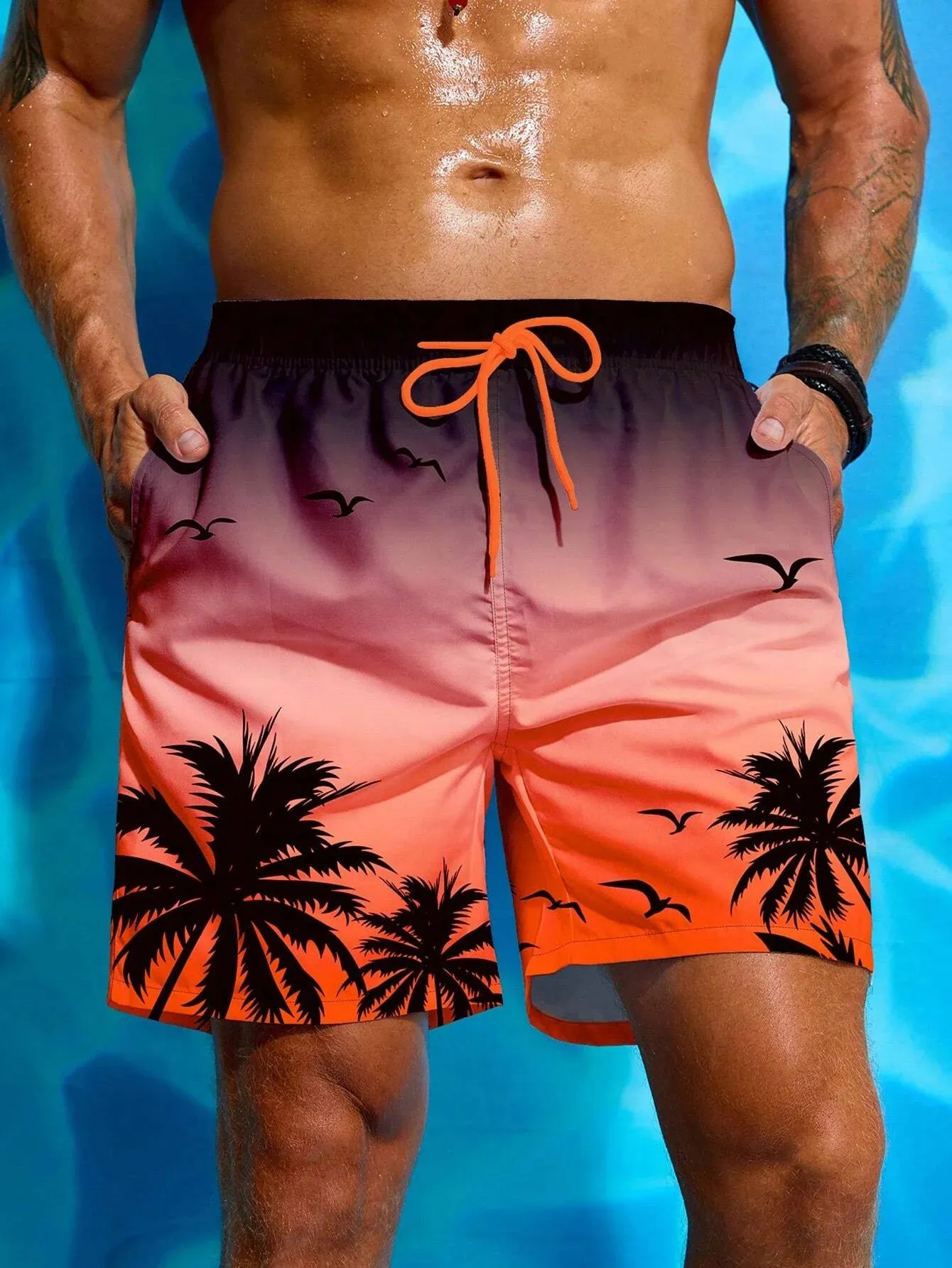 Bajan | Men's Palm Print Drawstring Board Shorts - Lightweight Swimwear & Street Style