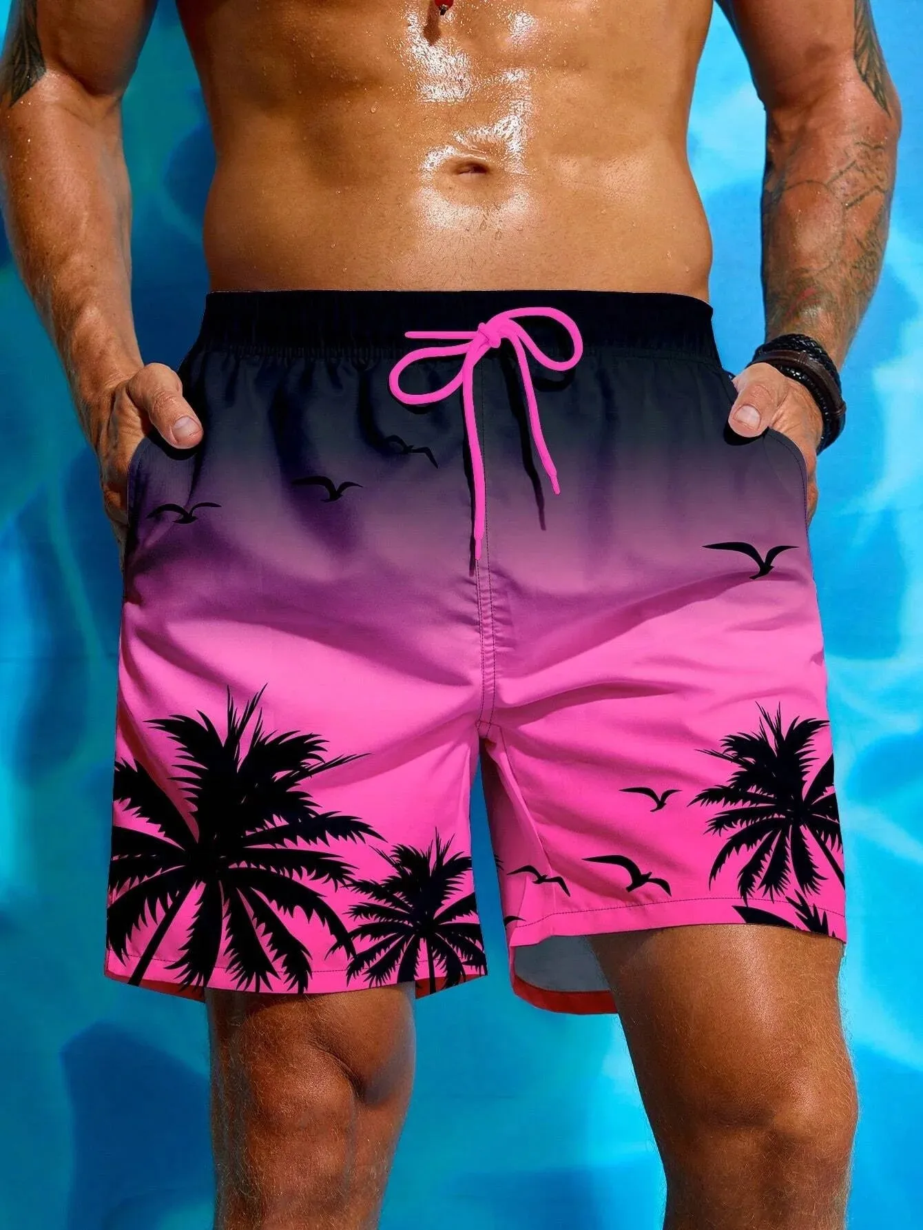 Bajan | Men's Palm Print Drawstring Board Shorts - Lightweight Swimwear & Street Style