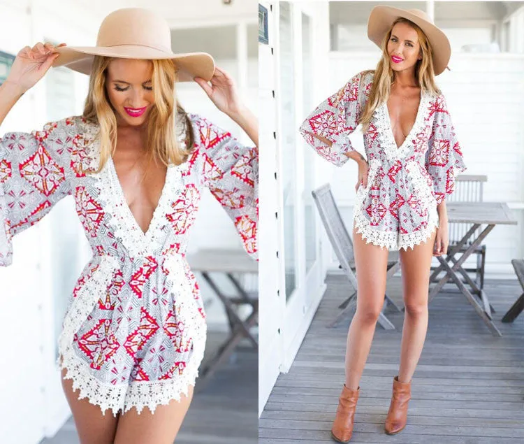 Beach Wear Fashion Lace Floral Shorts Jumpsuits Playsuit irregular crochet Sexy elegant V neck Rompers Womens female Overalls
