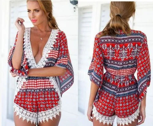 Beach Wear Fashion Lace Floral Shorts Jumpsuits Playsuit irregular crochet Sexy elegant V neck Rompers Womens female Overalls