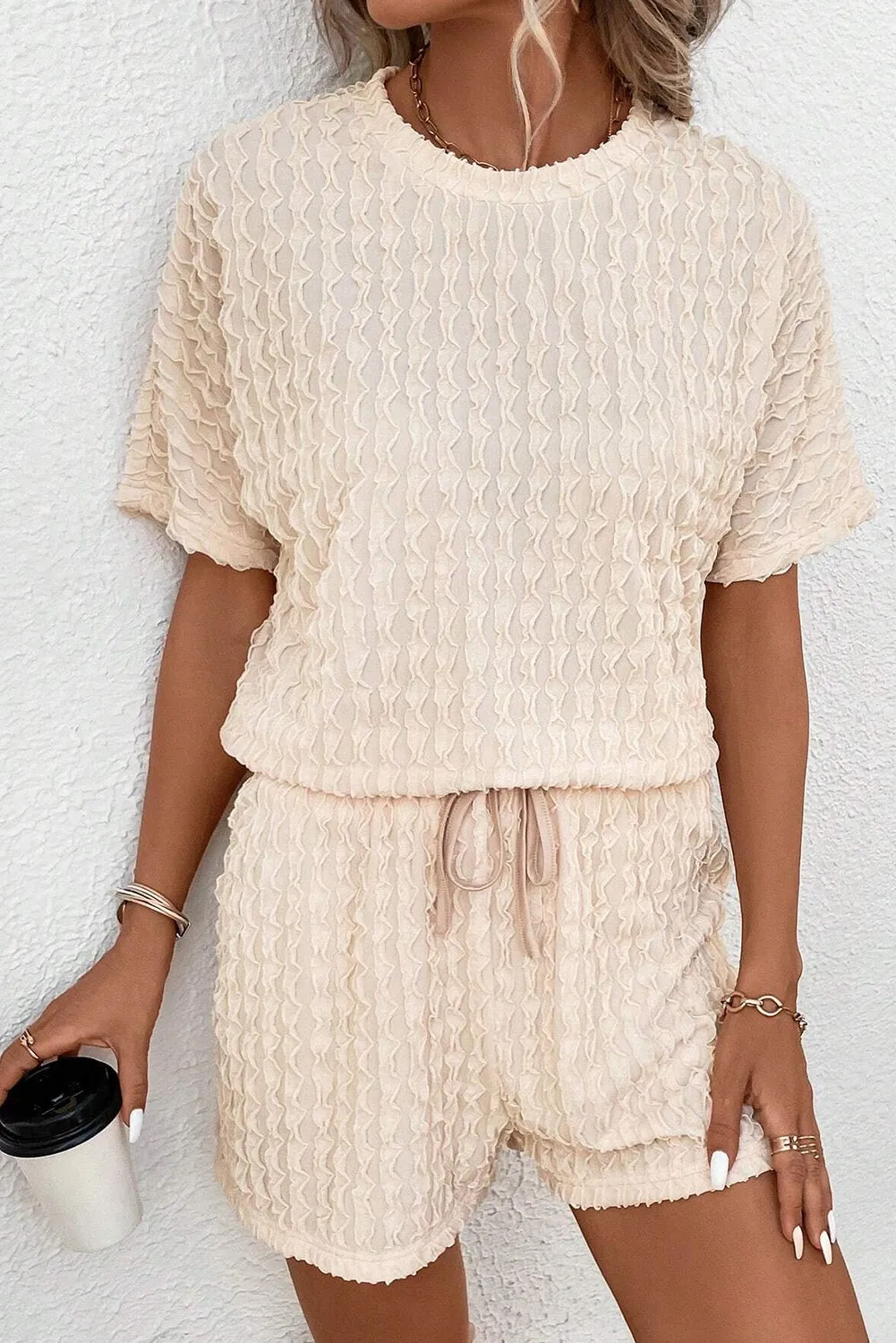 Beige Frill Textured Tee and Drawstring Shorts