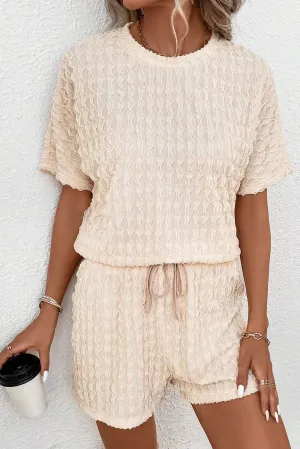 Beige Frill Textured Tee and Drawstring Shorts