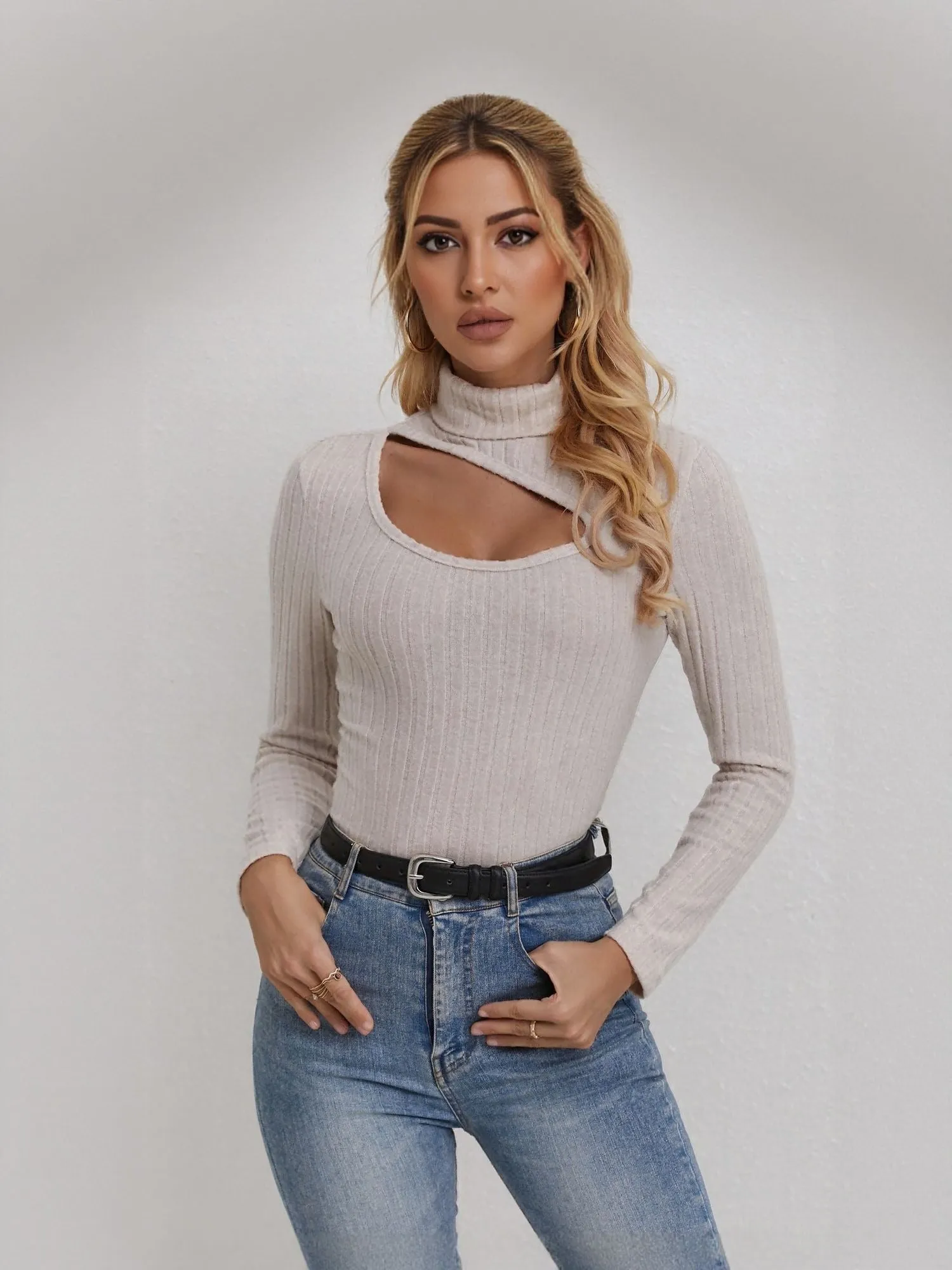 Beige Front Cut Out Rib Top
