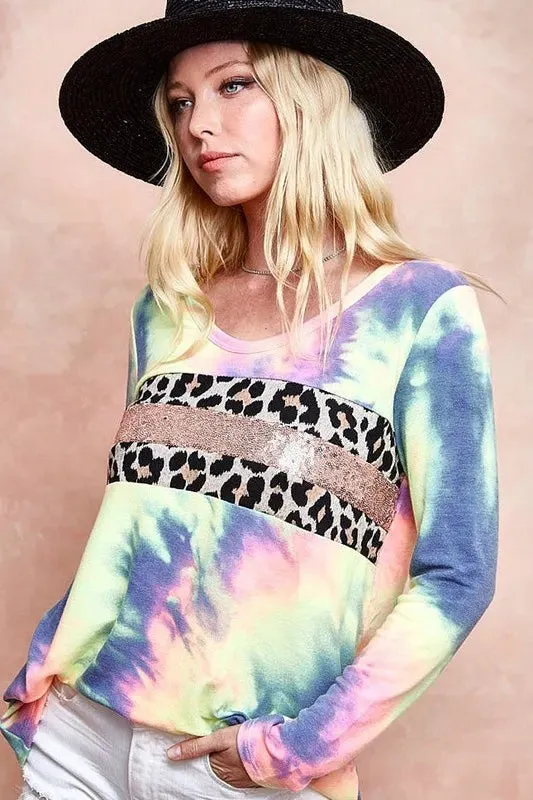 BiBi Tie Dye Deep U-neck Top with Leopard and Sequins