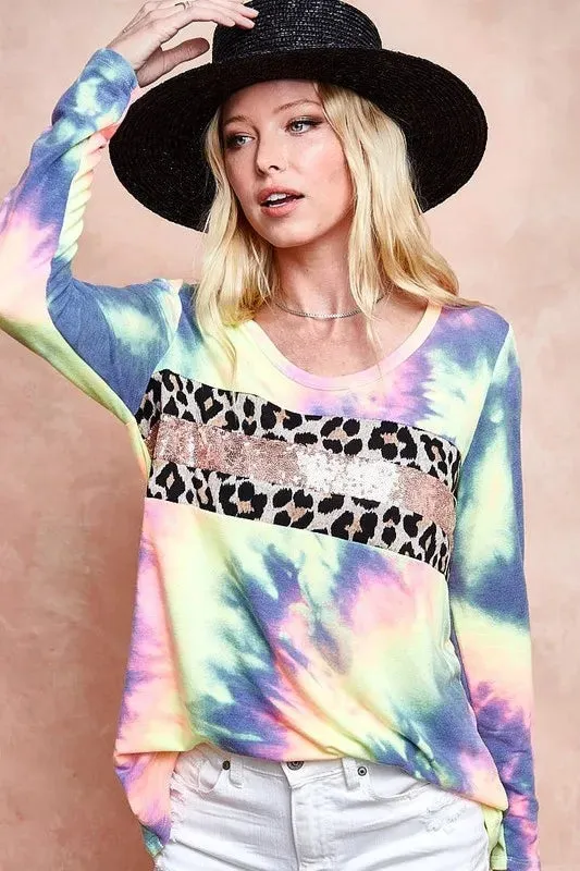 BiBi Tie Dye Deep U-neck Top with Leopard and Sequins