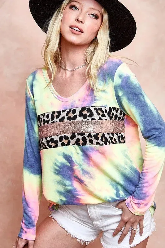 BiBi Tie Dye Deep U-neck Top with Leopard and Sequins