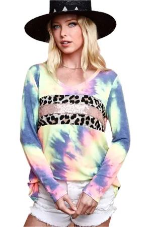 BiBi Tie Dye Deep U-neck Top with Leopard and Sequins