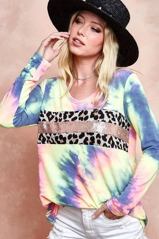 BiBi Tie Dye Deep U-neck Top with Leopard and Sequins