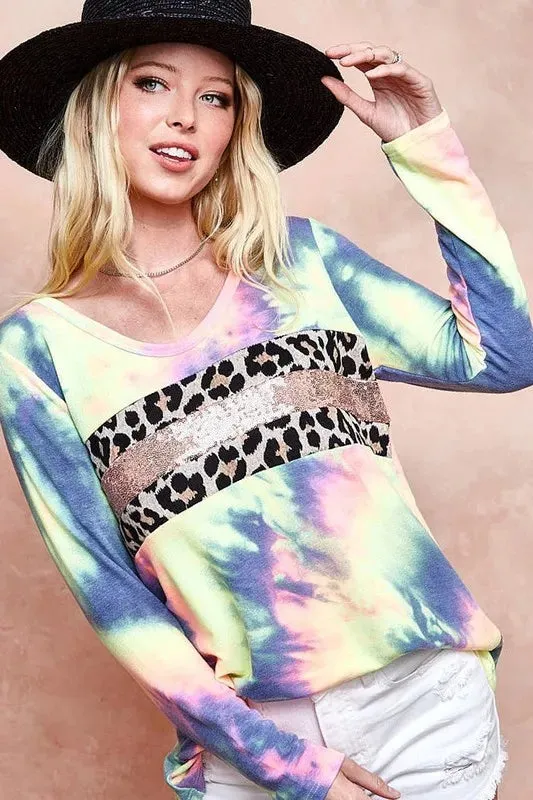 BiBi Tie Dye Deep U-neck Top with Leopard and Sequins