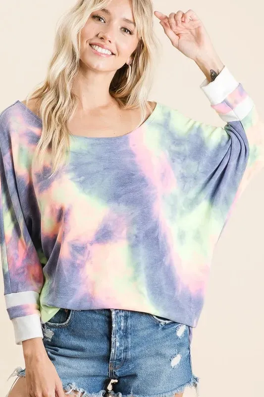 BiBi Tie Dye French Terry Top with Contrast Cuffs