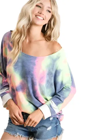 BiBi Tie Dye French Terry Top with Contrast Cuffs