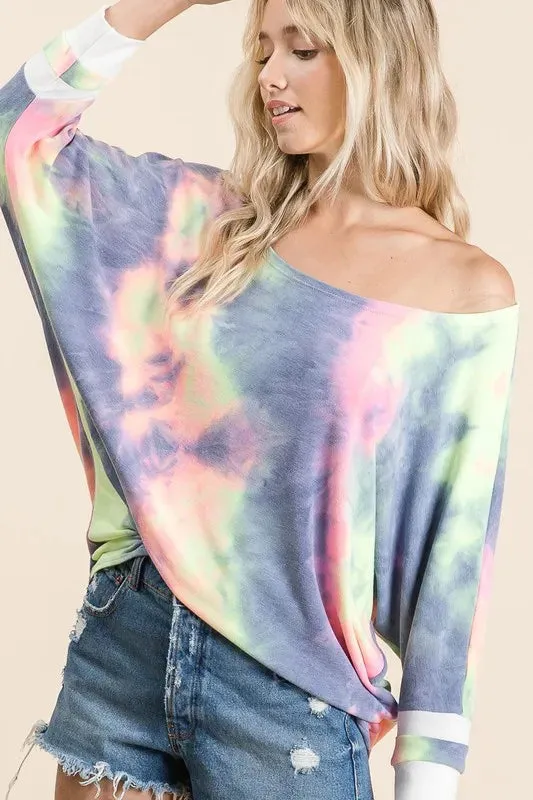 BiBi Tie Dye French Terry Top with Contrast Cuffs