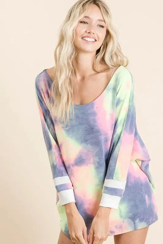BiBi Tie Dye French Terry Top with Contrast Cuffs