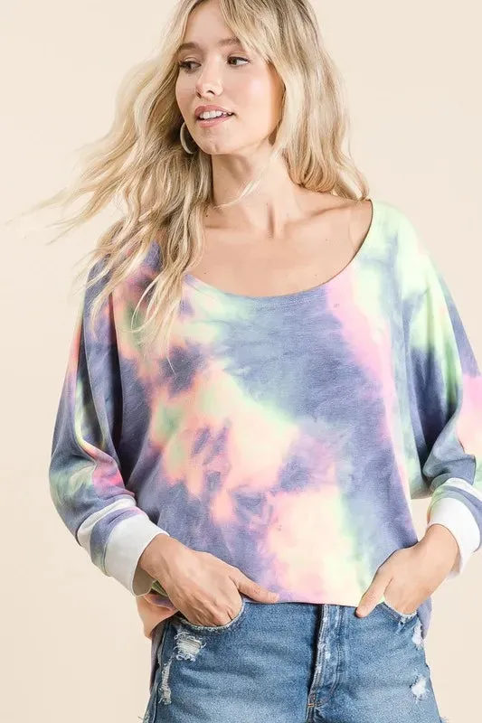 BiBi Tie Dye French Terry Top with Contrast Cuffs