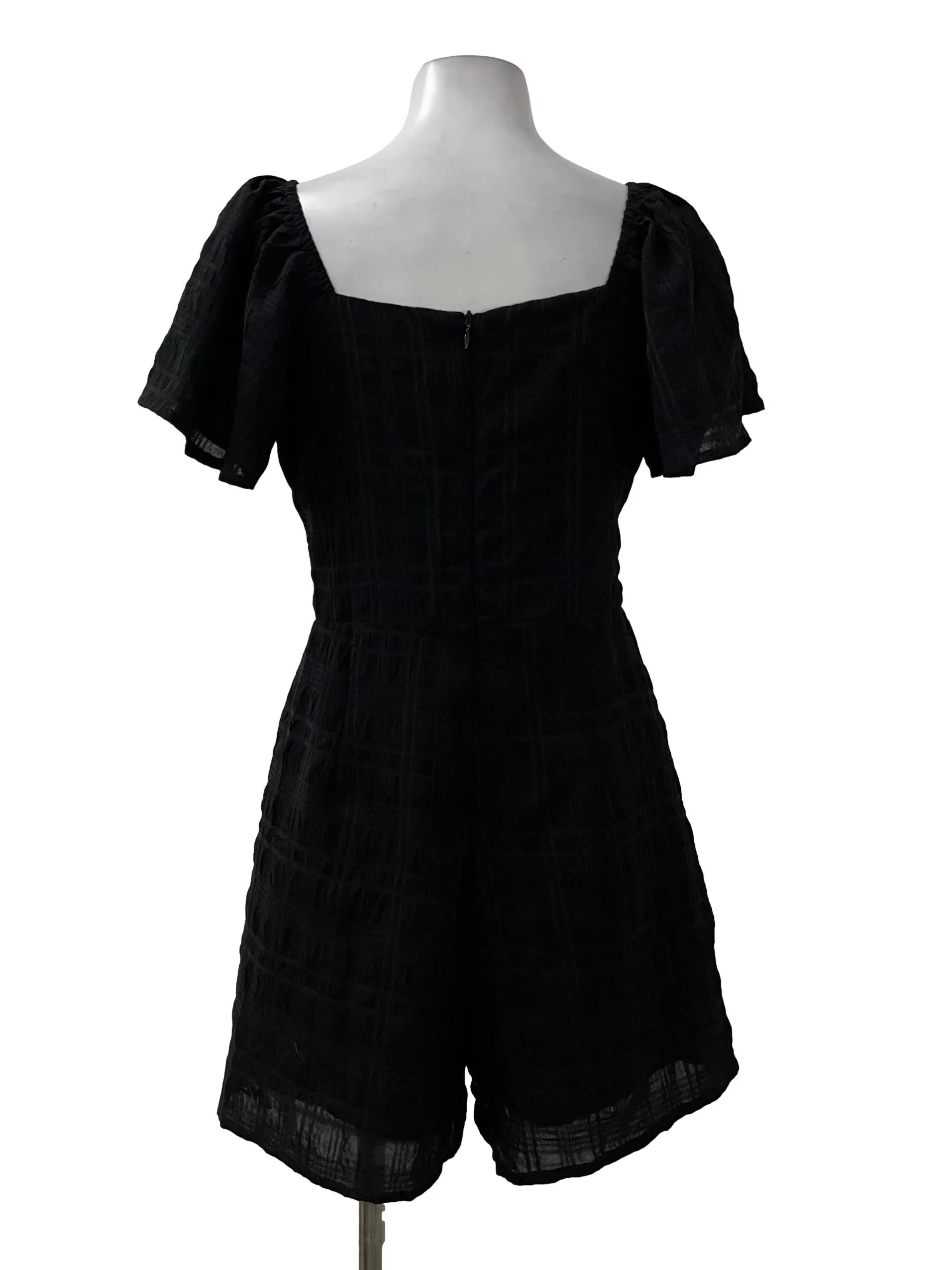 Black Textured Square Neck Romper