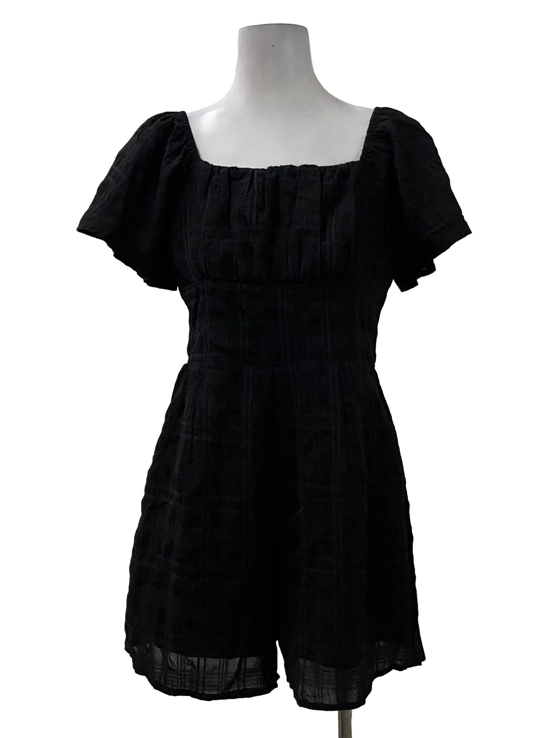 Black Textured Square Neck Romper