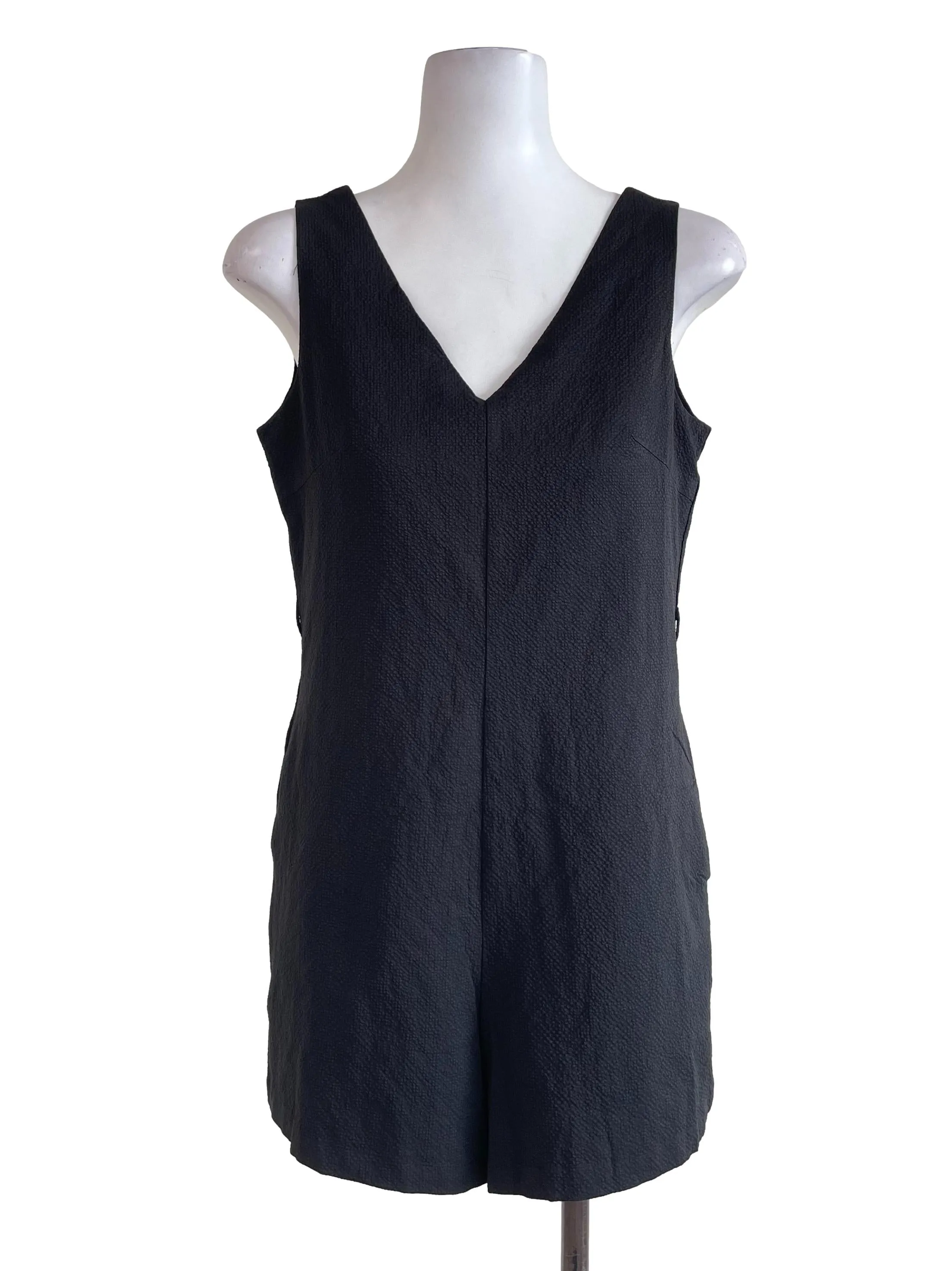 Black Textured V Neck Romper