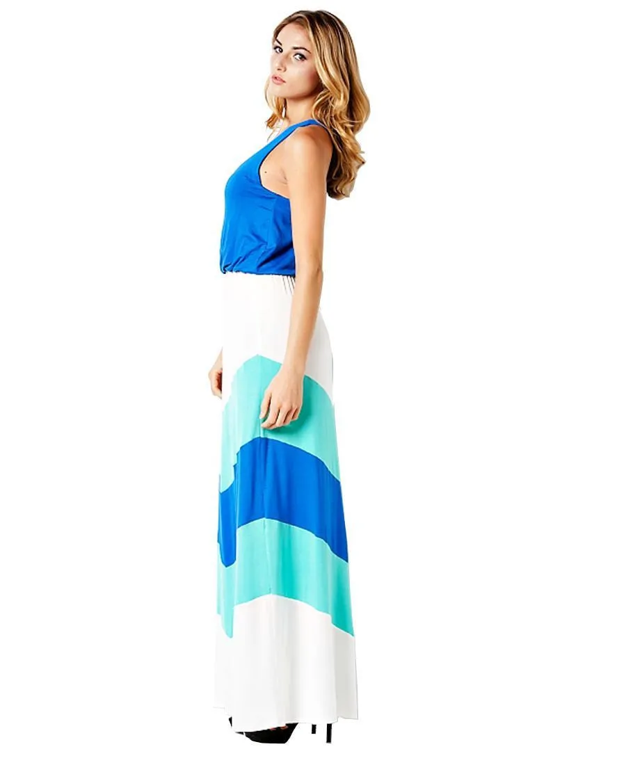 Blue Mint White Summer Chevron Colorblock Sleeveless Racerback Long Maxi Dress