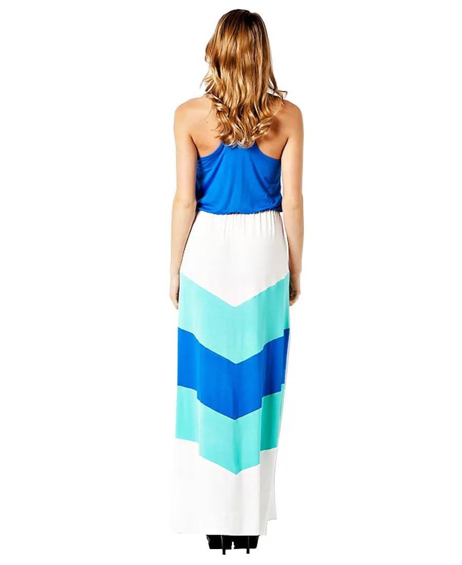 Blue Mint White Summer Chevron Colorblock Sleeveless Racerback Long Maxi Dress