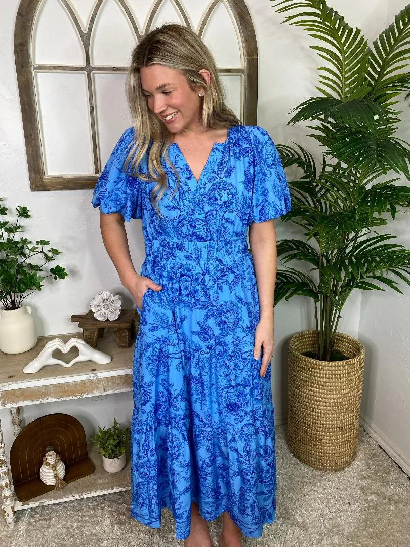 Blue Toile V-Neck Dress