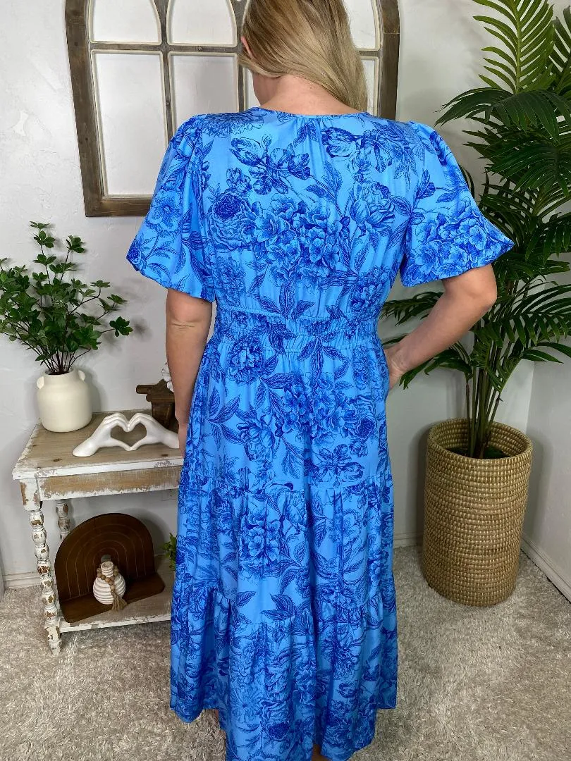 Blue Toile V-Neck Dress