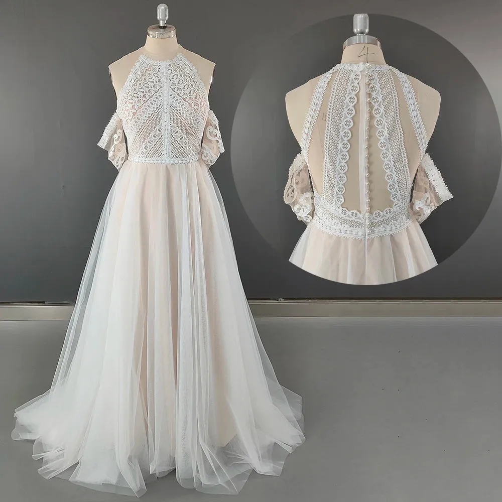 Bohemian Cutout Lace Halter Wedding Dress A Line Racerback Pearls Closure Customized Beach Luxe Satin Elopement Bridal Gowns