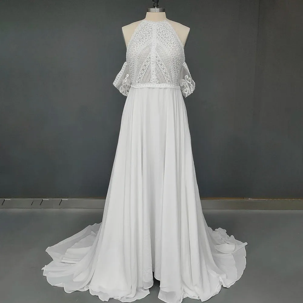 Bohemian Cutout Lace Halter Wedding Dress A Line Racerback Pearls Closure Customized Beach Luxe Satin Elopement Bridal Gowns