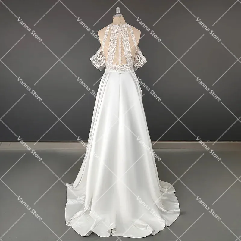Bohemian Cutout Lace Halter Wedding Dress A Line Racerback Pearls Closure Customized Beach Luxe Satin Elopement Bridal Gowns