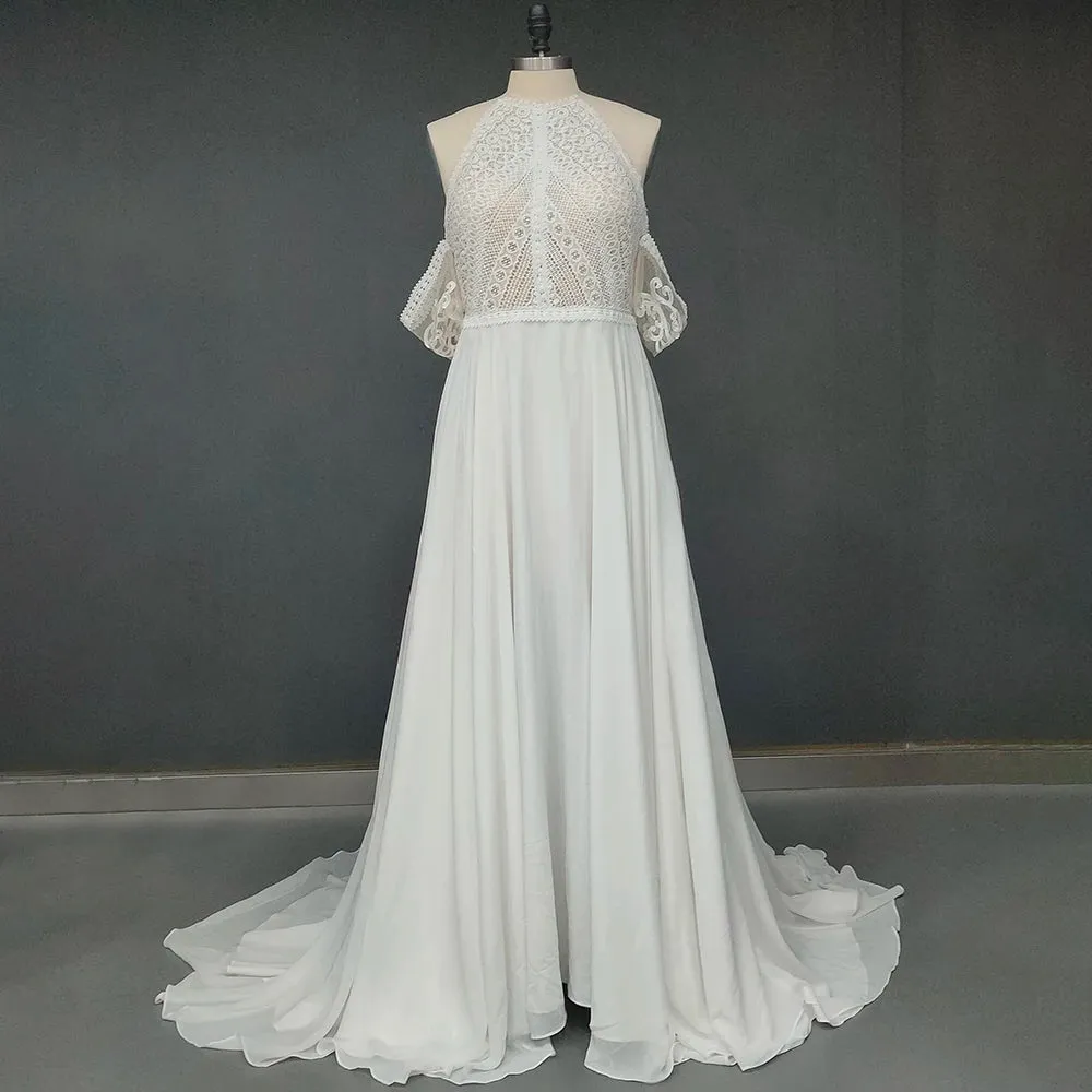 Bohemian Cutout Lace Halter Wedding Dress A Line Racerback Pearls Closure Customized Beach Luxe Satin Elopement Bridal Gowns